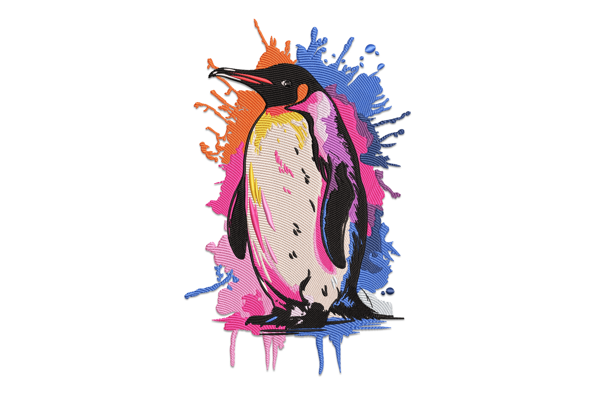 Color splash penguin embroidery design with black and white bird surrounded by watercolour paint burst in 18 colours on blue fabric.