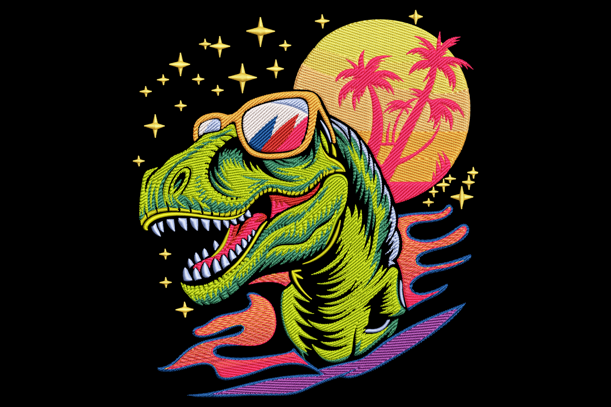 Cartoon green T-Rex embroidery wearing black sunglasses and a turquoise and hot pink hawaiian shirt with mustard palm leaves.