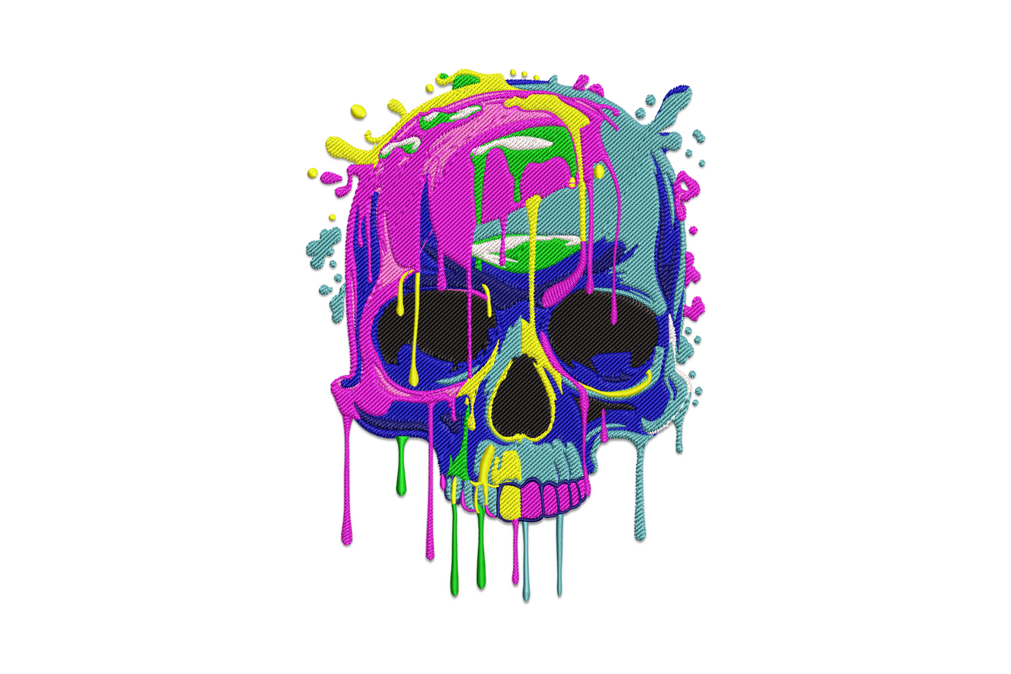 Color splash skull embroidery with magenta, cobalt blue and teal paint drips over hollow eye sockets