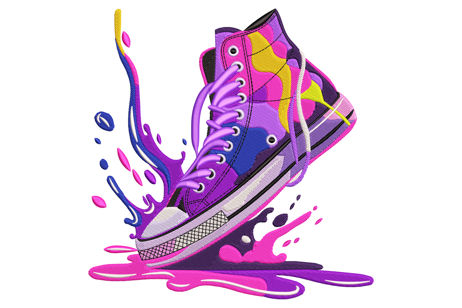 Color splash sneaker embroidery design with purple and magenta high-top canvas shoe surrounded by paint explosion on dark denim.