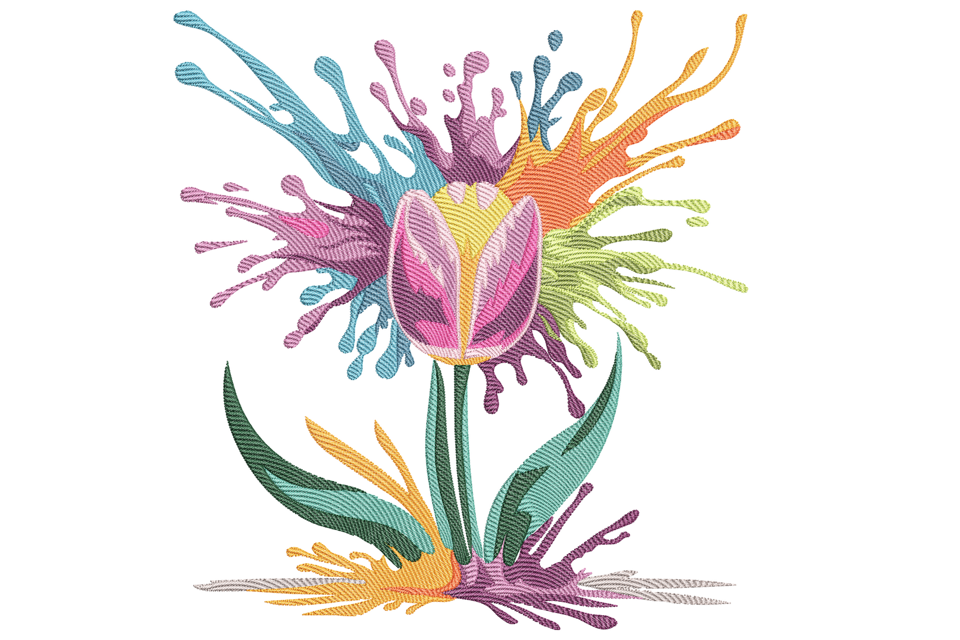 Color splash tulip embroidery design with rainbow paint burst arms shooting from a pink tulip on green stem, sky blue, coral and golden yellow splashes.