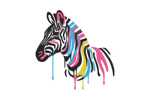 Color splash zebra embroidery design, zebra head portrait with neon paint drips in blue pink and yellow, machine embroidery