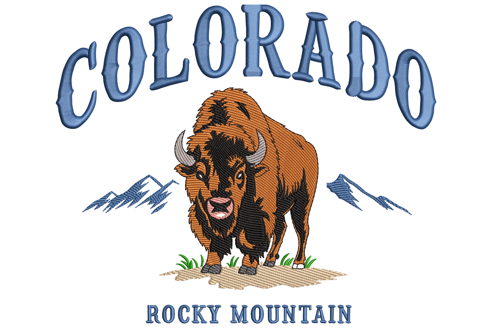 Brown bison with Colorado arching above in blue serif text and Rocky Mountain below, vintage travel souvenir design