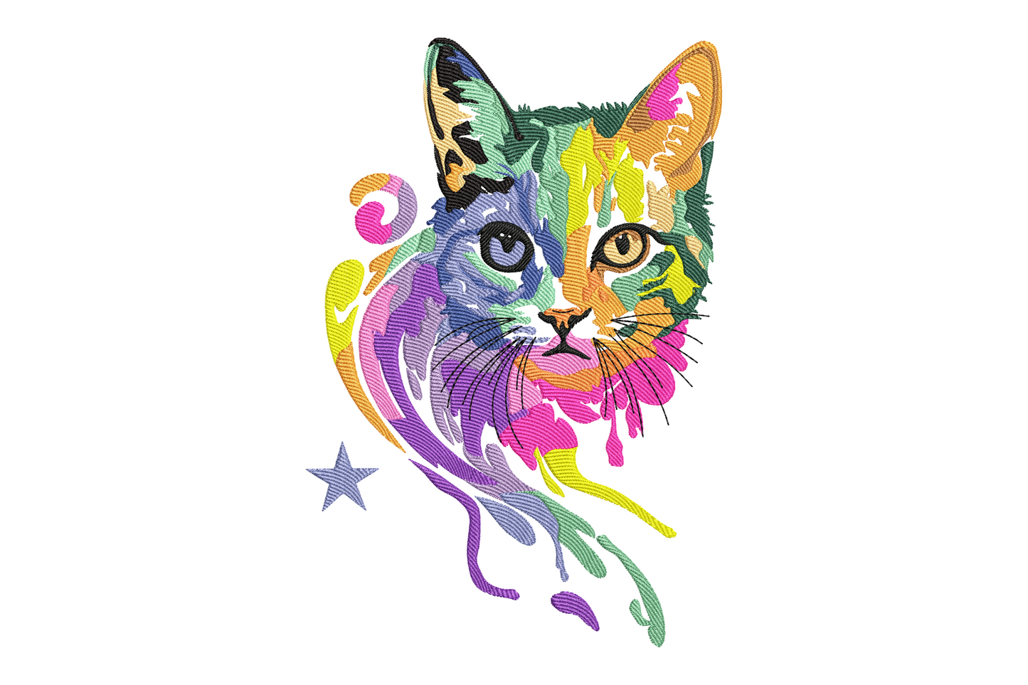 Colorful abstract cat embroidery, geometric colour-blocked face in cobalt, coral and mustard, 7.5 by 5.12 inches