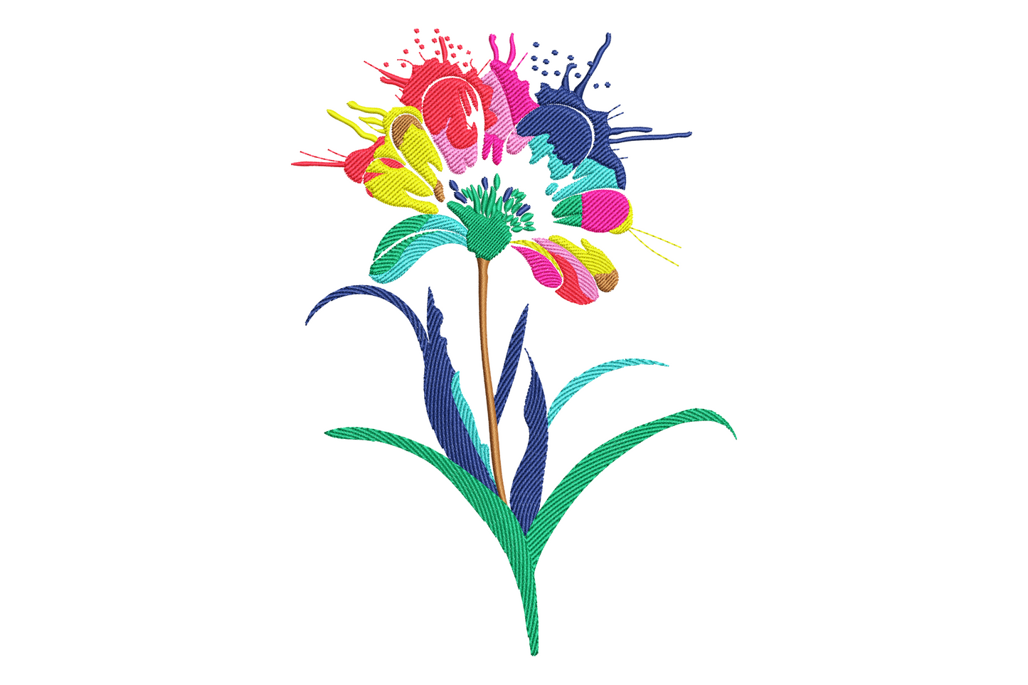 Colorful abstract flower embroidery with paint-splash petals in hot pink, magenta, yellow, teal and navy on a green stem.