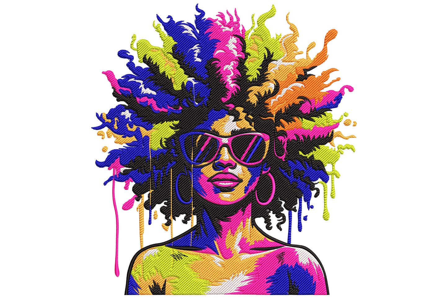 Colorful afro woman portrait machine embroidery design, seven colours, bold natural hair, directional satin fills, fashion illustration style, 3.5 to 7.5 inch sizes.