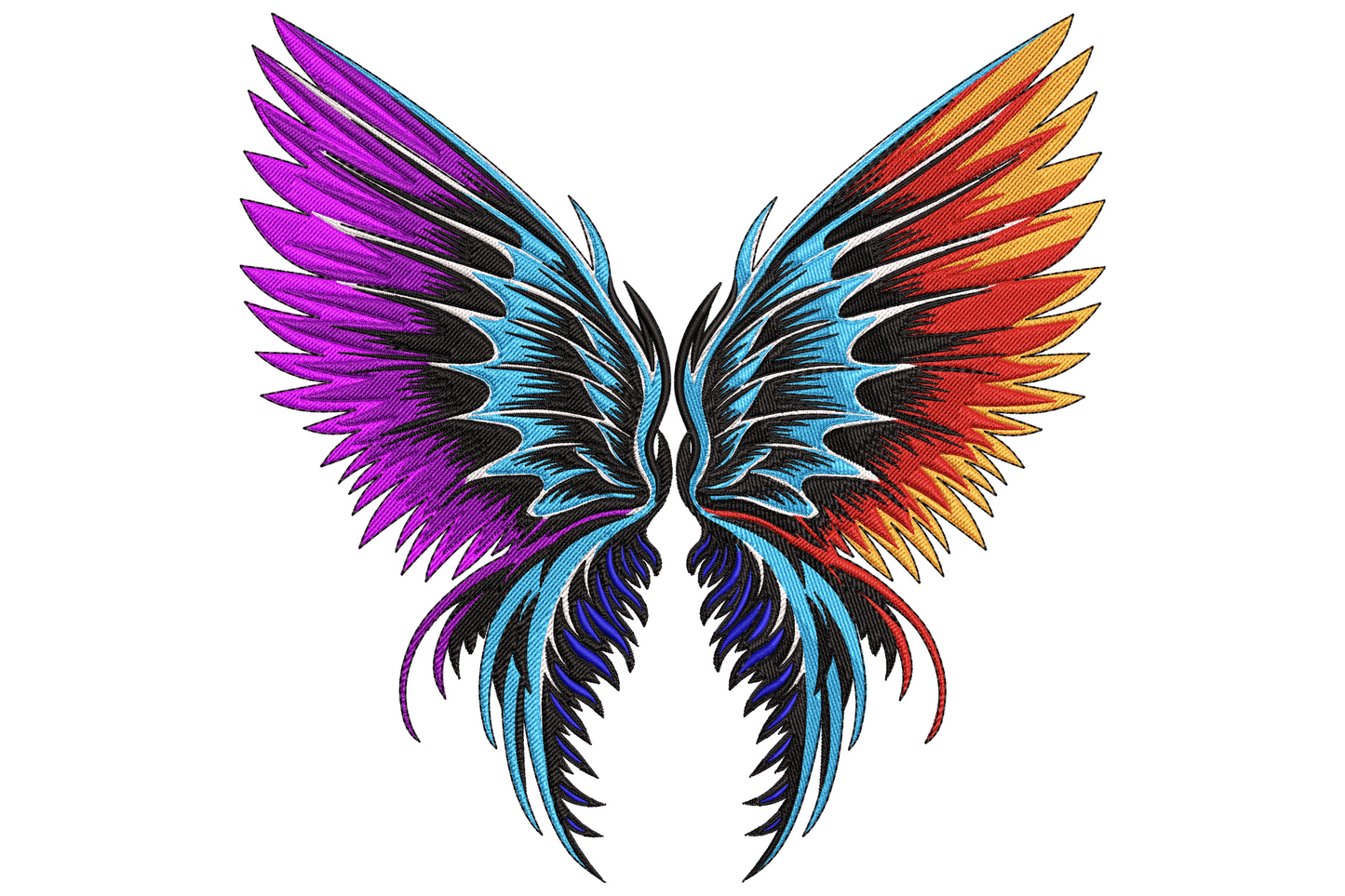 Spread angel wings embroidery with deep purple and navy on the left, burnt orange and crimson on the right, sky blue lower feathers and white highlight edges on black.