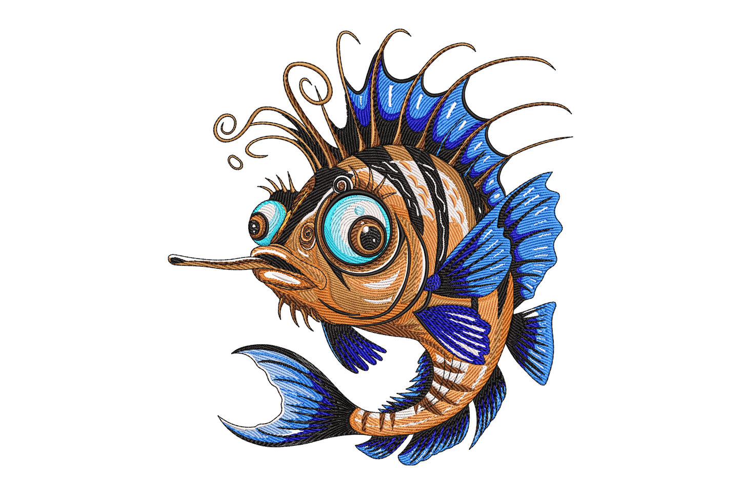 Colorful angler fish embroidery design with purple body, teal fins, glowing yellow-green lure, and wide open jaw showing white teeth, cartoon deep-sea style.