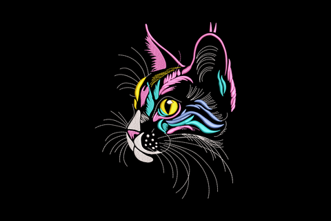 Colorful artistic cat face embroidery design in pink, aqua and gold thread with bold graphic fashion illustration style.