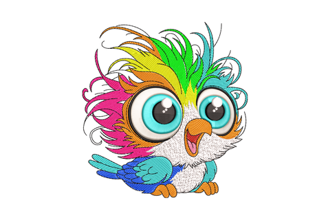 Colorful baby owl embroidery design featuring rainbow feather crown in 11 colours, oversized teal eyes, white chest, and black outlines on a cute cartoon owl.