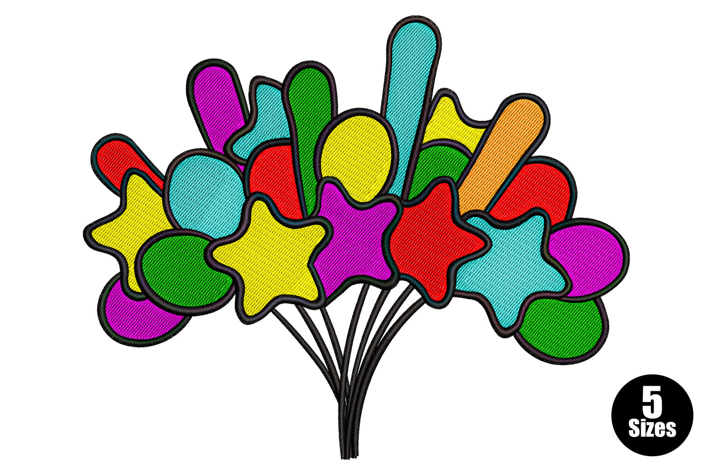 Colorful balloon bouquet machine embroidery design with 7 colours in red yellow blue green and magenta, 5 sizes 10344 to 32061 stitches for birthday projects