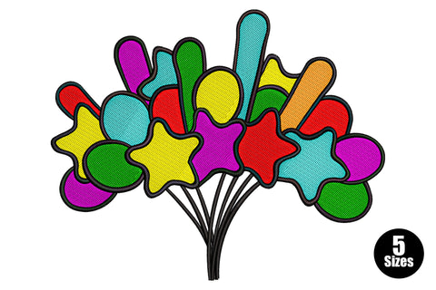 Colorful balloon bouquet machine embroidery design with 7 colours in red yellow blue green and magenta, 5 sizes 10344 to 32061 stitches for birthday projects