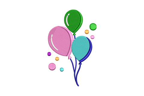 Embroidery design of a floating cluster of colorful round balloons in seven colors with twisted trailing strings