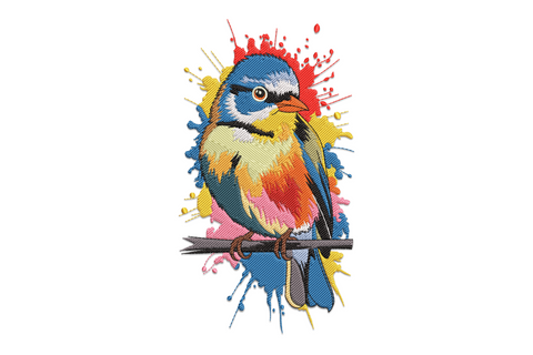 Colorful tropical bird embroidery design with cobalt blue wings, coral breast, teal tail feathers, 18 colours, perched illustration style.