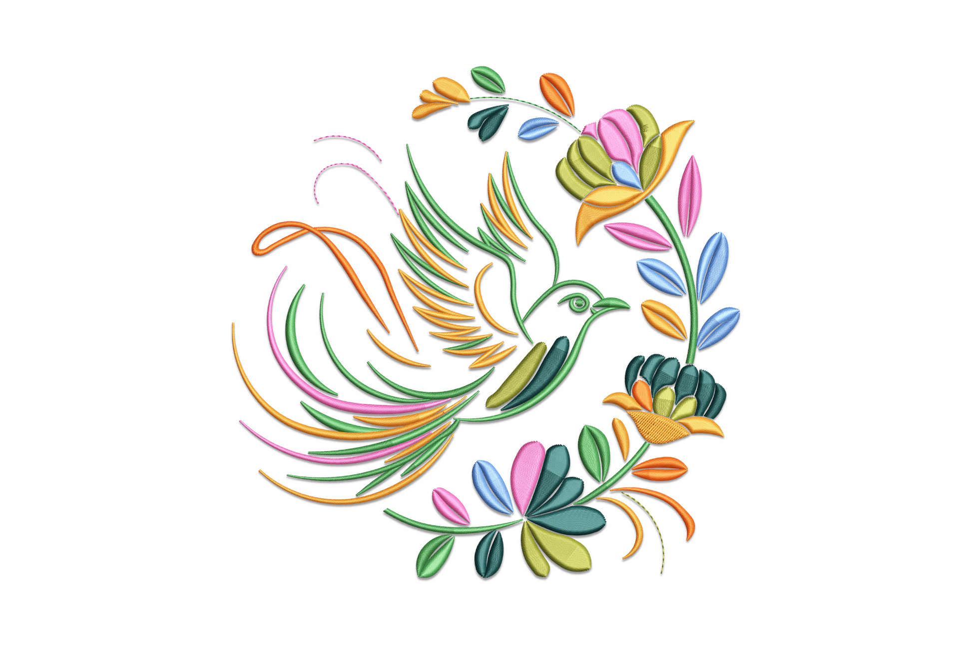 Colorful bird perched inside a floral wreath embroidery design in coral, sage green, golden yellow, and sky blue