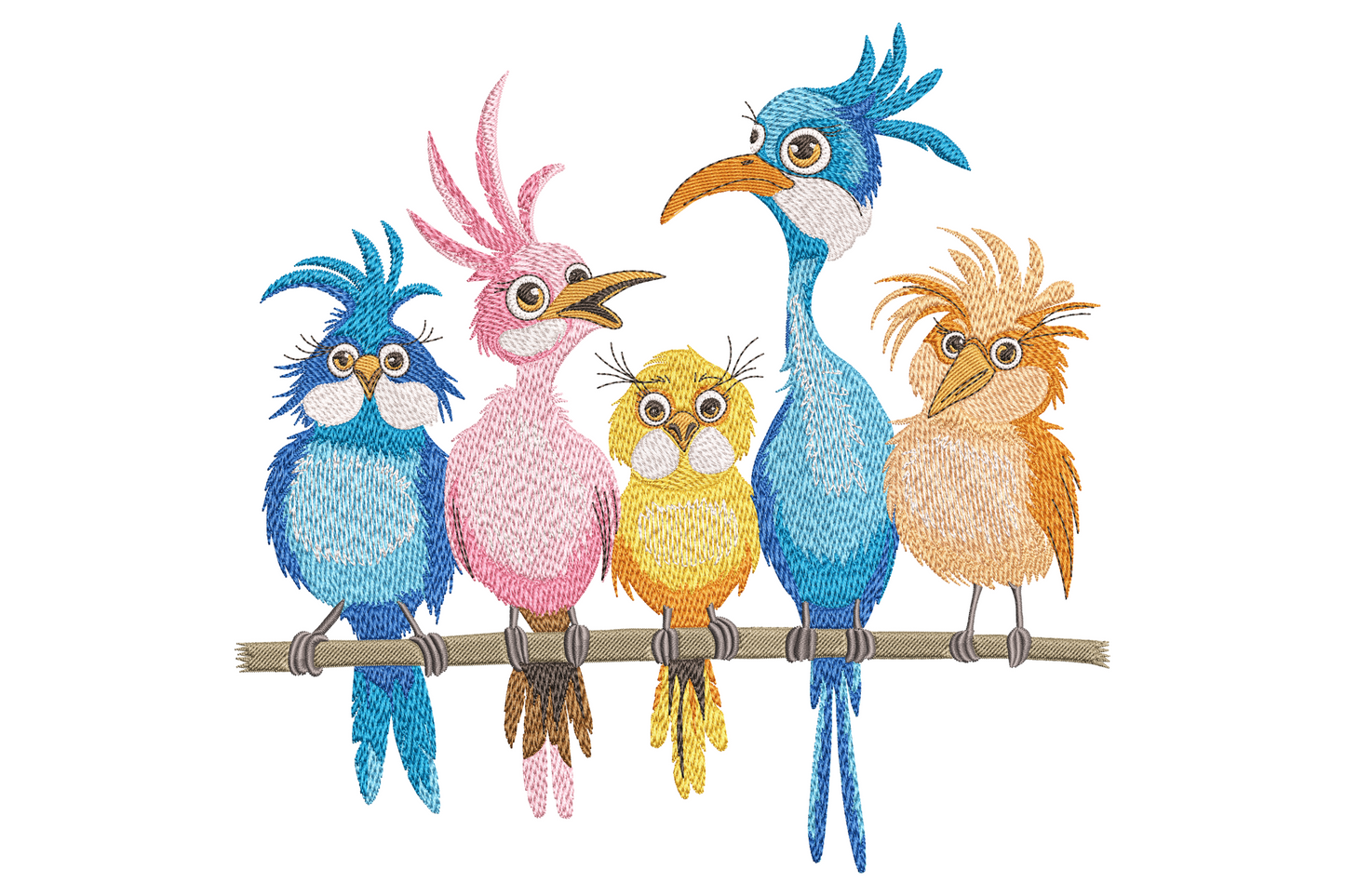 Colorful birds on a branch embroidery design with five funny cartoon birds in blue, pink, yellow and orange on striped branch