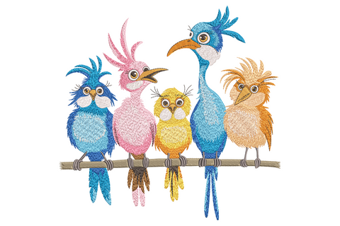 Colorful birds on a branch embroidery design with five funny cartoon birds in blue, pink, yellow and orange on striped branch
