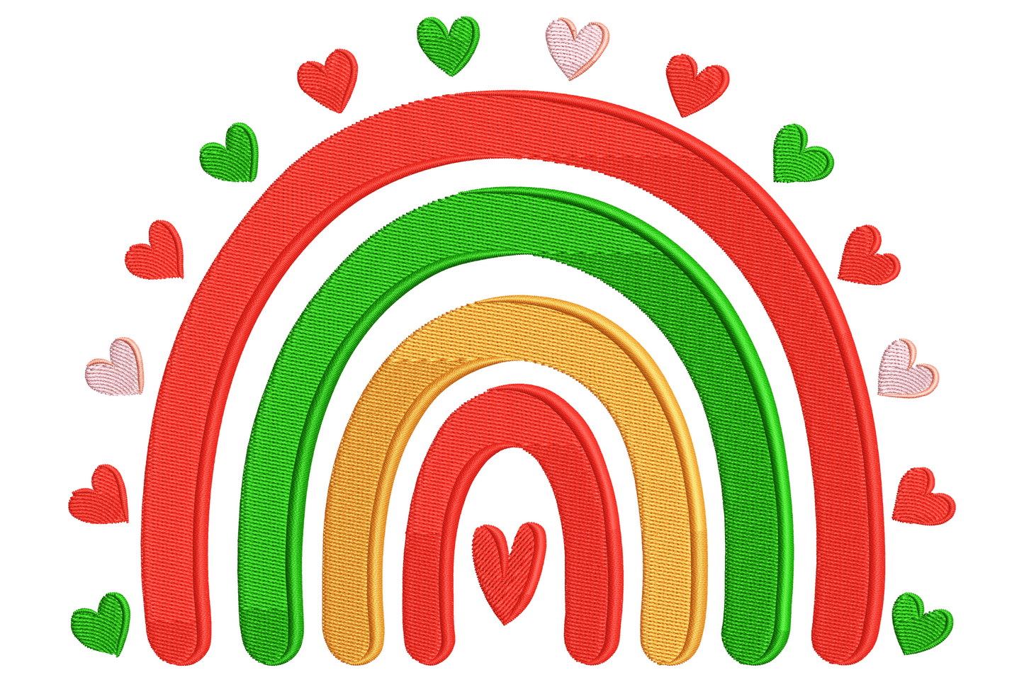 Colorful boho rainbow embroidery design with thick red, green, orange arches and scattered hearts, 5 colours, 9 sizes.