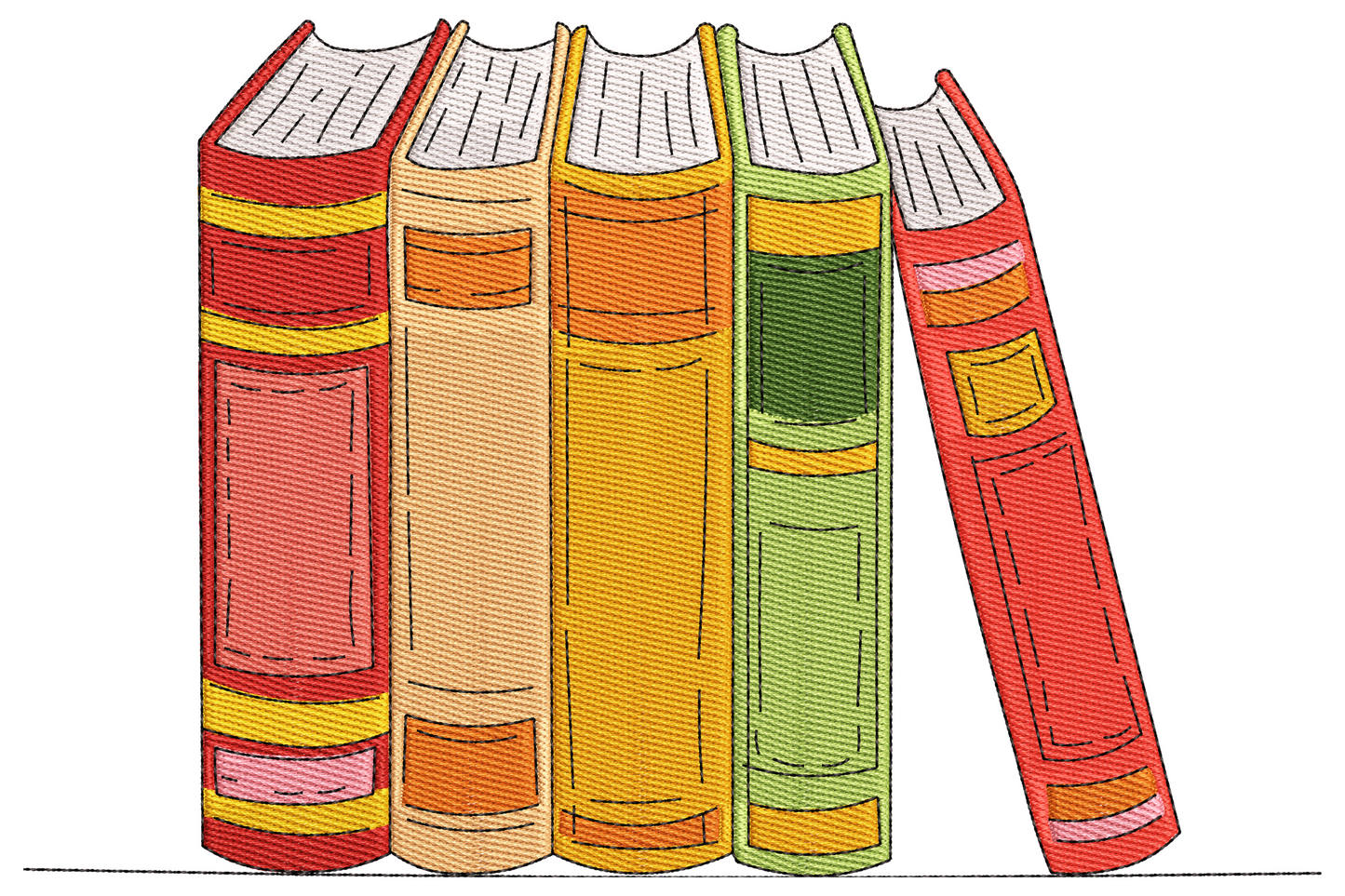 Four illustrated hardcover books leaning together in warm colours, burnt orange, sage green, crimson and peach, with textured satin fills and white page tops.