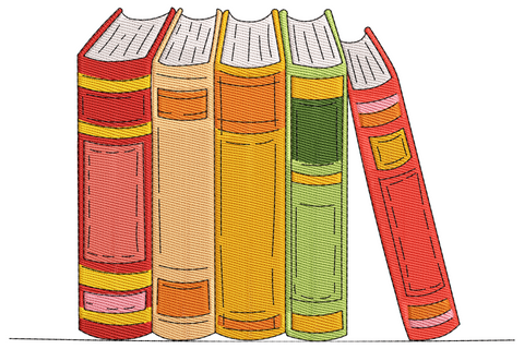Four illustrated hardcover books leaning together in warm colours, burnt orange, sage green, crimson and peach, with textured satin fills and white page tops.