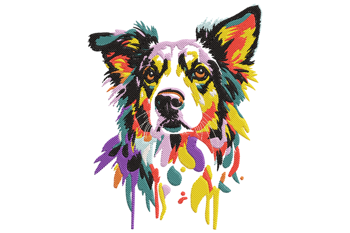 Pop-art border collie face embroidery with teal, purple, yellow and red paint splashes flooding the fur and drips below the chin.