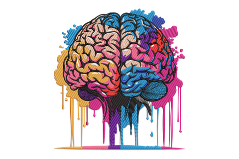 Colorful brain embroidery, left hemisphere orange and pink, right blue and purple, rainbow paint drips below