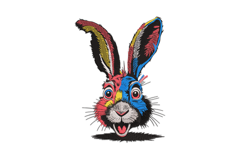 Colorful cartoon bunny face embroidery with tall pastel-lined ears, pink nose, cheek whiskers and 6 thread colours on white fabric