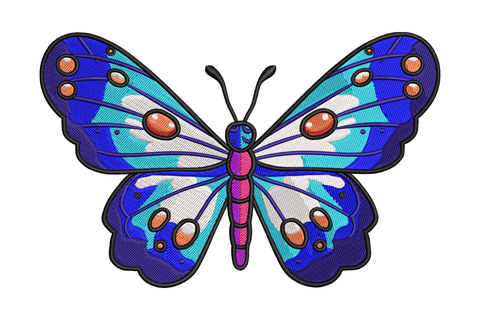 Colorful realistic tropical butterfly machine embroidery design, 9 colors blue orange pink navy, 4 sizes up to 5 inch wide