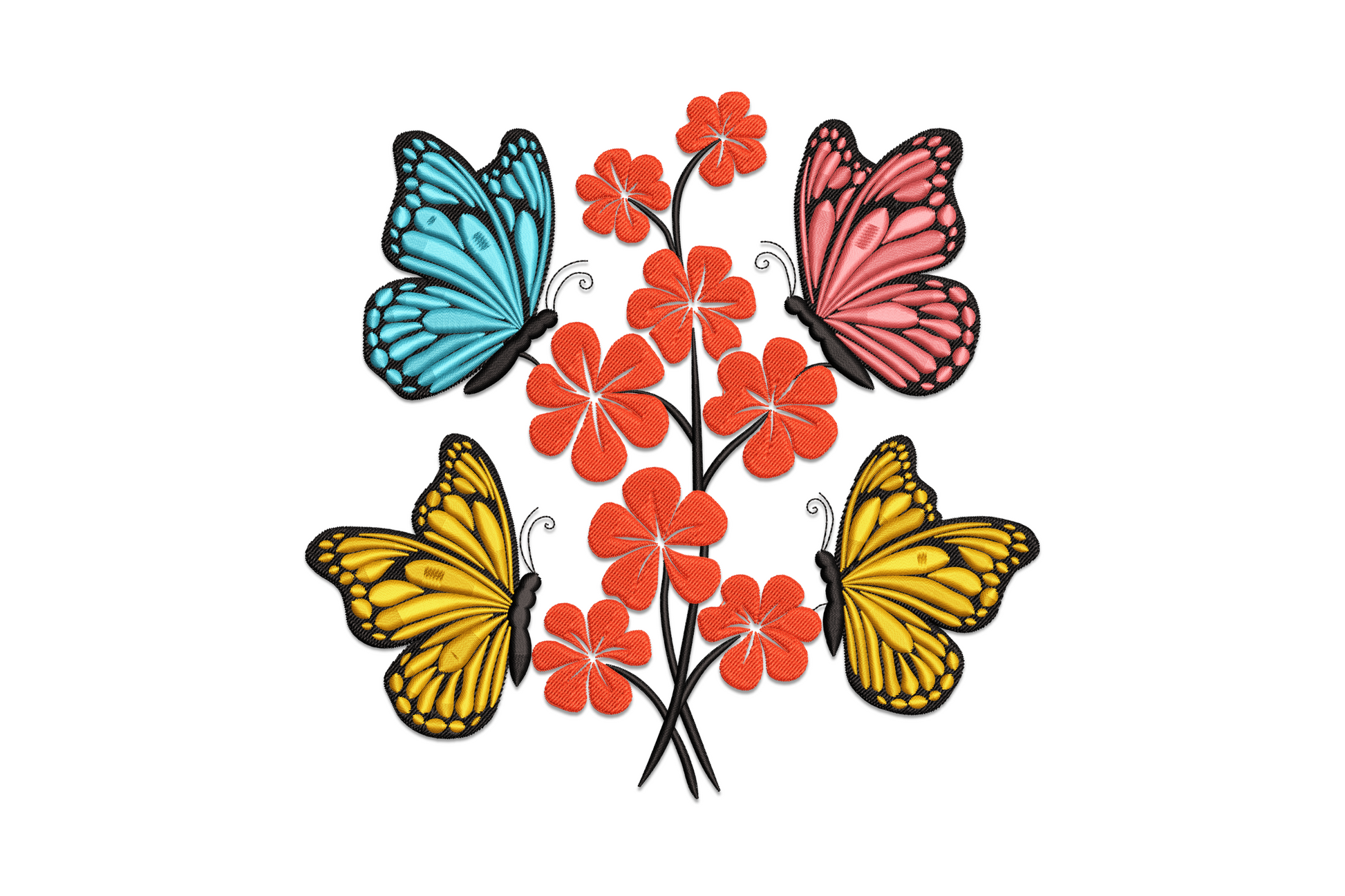 Colorful butterfly floral embroidery, butterfly with lavender wings and detailed veins perched among layered pink and blush blooms with sage leaves