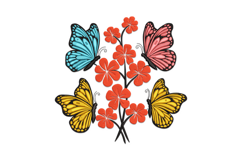 Colorful butterfly floral embroidery, butterfly with lavender wings and detailed veins perched among layered pink and blush blooms with sage leaves