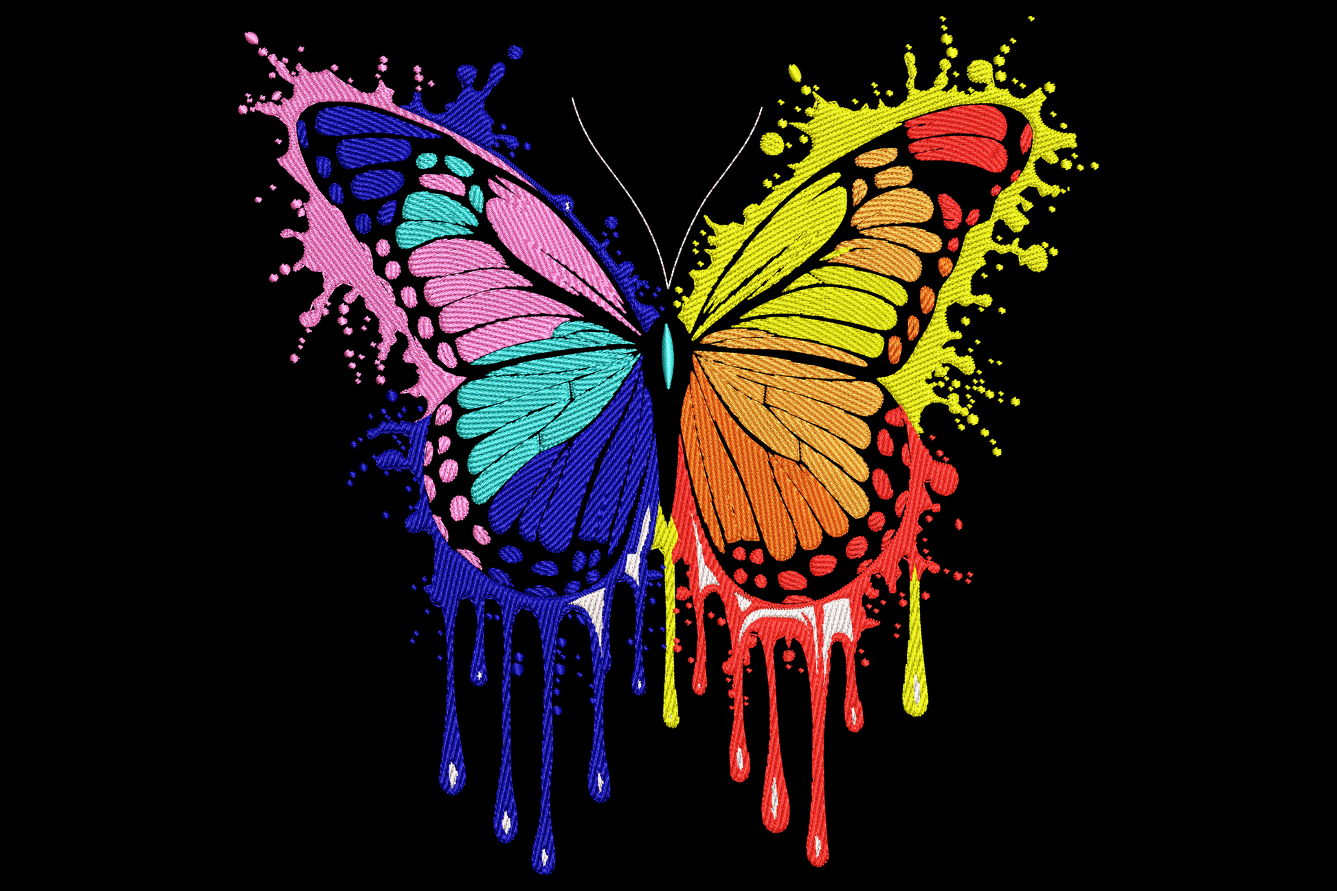 Colorful butterfly embroidery design with paint-splatter split wings, hot pink and teal on left, yellow and orange on right, paint drips on black background.