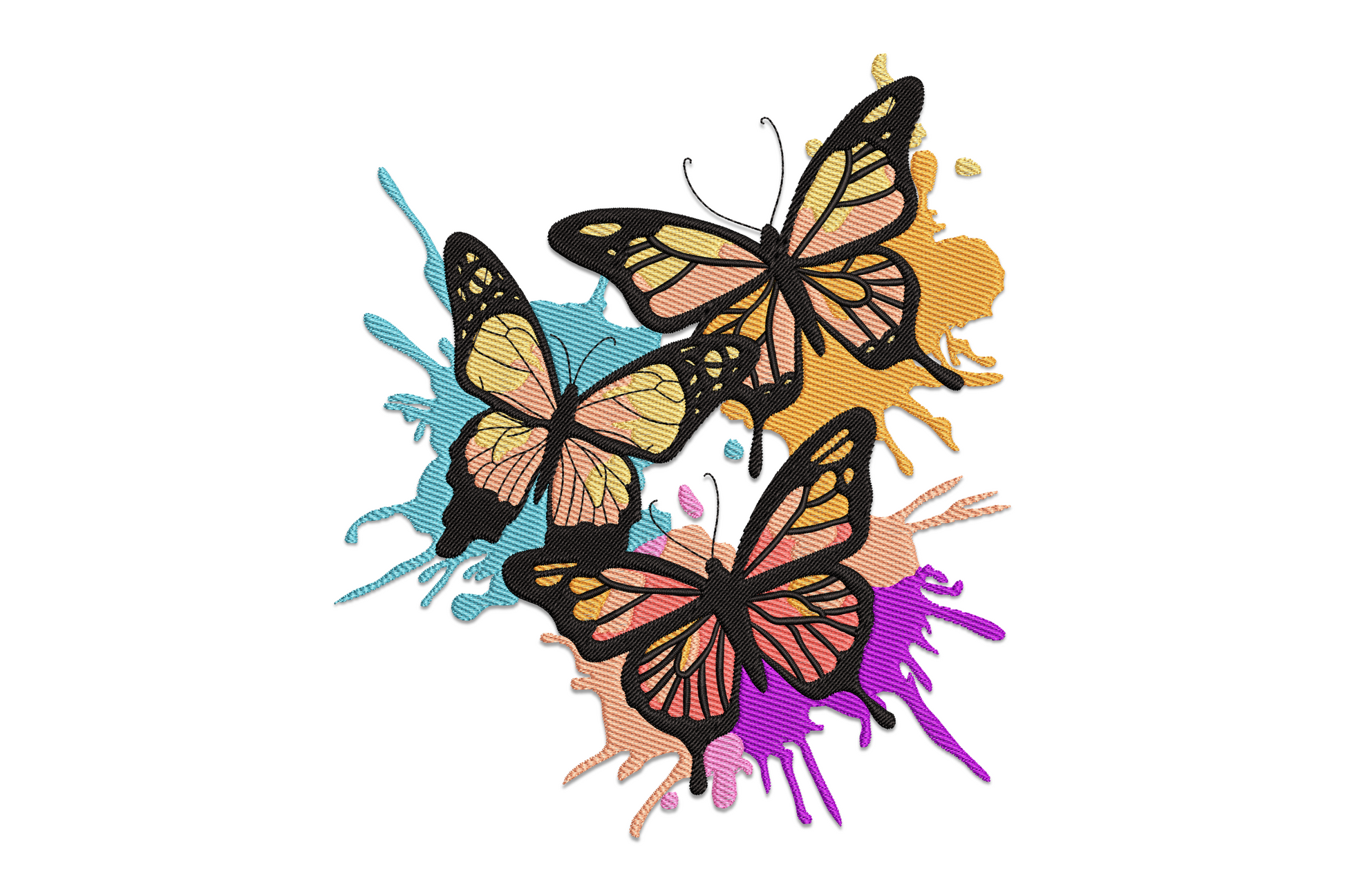 Watercolor-style butterfly splash embroidery with wings bleeding at the edges in warm orange, blue and purple, machine embroidery design on white background
