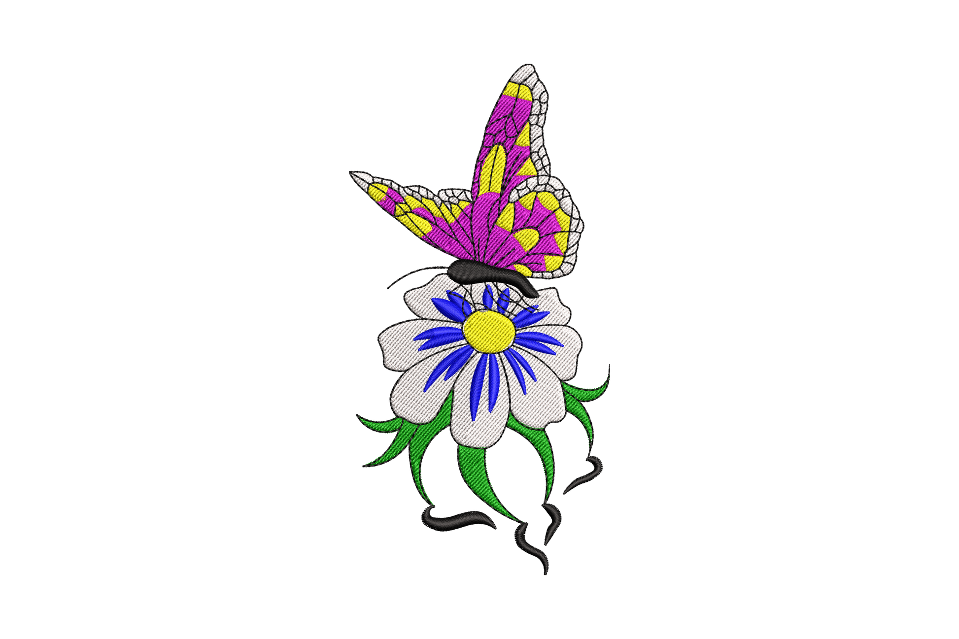 Colorful butterfly on daisy embroidery design, yellow and magenta wings on white daisy with blue center, 6 colors