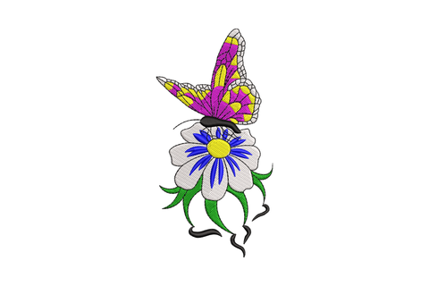 Colorful butterfly on daisy embroidery design, yellow and magenta wings on white daisy with blue center, 6 colors
