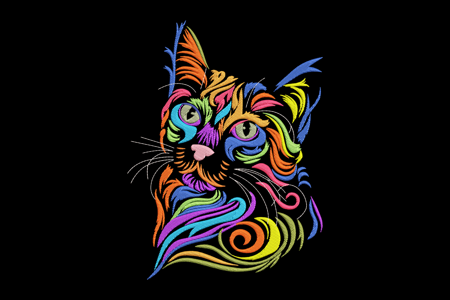 Colorful cartoon cat embroidery in vivid geometric colour blocks, sitting pose with a round face, flat-graphic illustrative style, six bold colours on white.