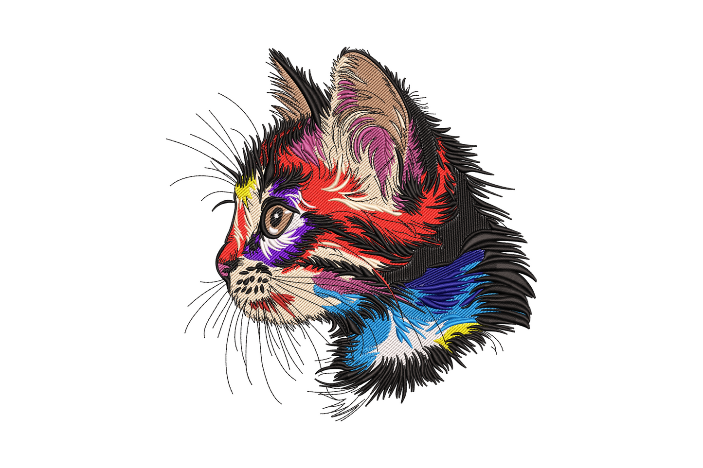 Colorful cat face embroidery design showing a bold symmetrical cat face with 11 bright colours including turquoise eyes, hot pink accents and fine satin whiskers.