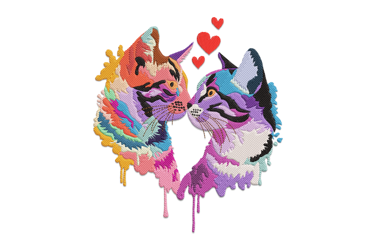 Colorful abstract cat embroidery design with paint-splash colour blocks and red heart accents in 29 thread colours on blush fabric