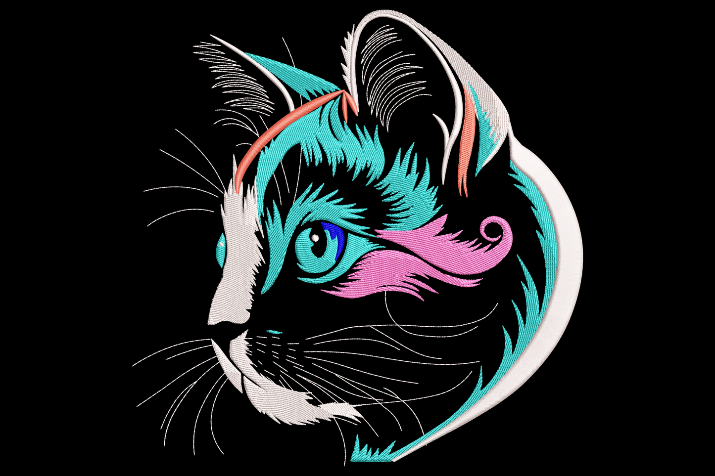 Stylized neon cat face embroidery with teal, hot pink and coral fur stripes and a bright turquoise eye on black