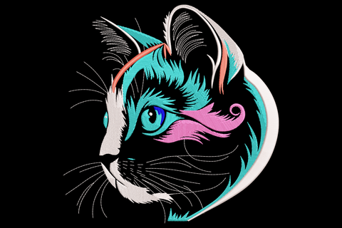Stylized neon cat face embroidery with teal, hot pink and coral fur stripes and a bright turquoise eye on black