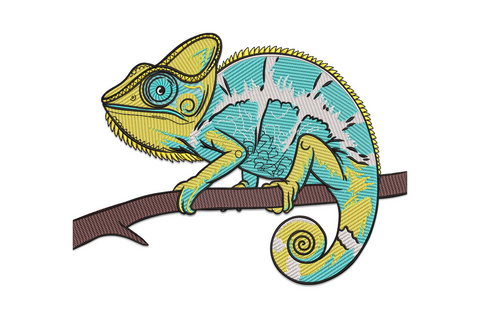 Colorful chameleon embroidery in mustard yellow and pale teal blue perched on a wooden branch with tail curled into a tight spiral underneath