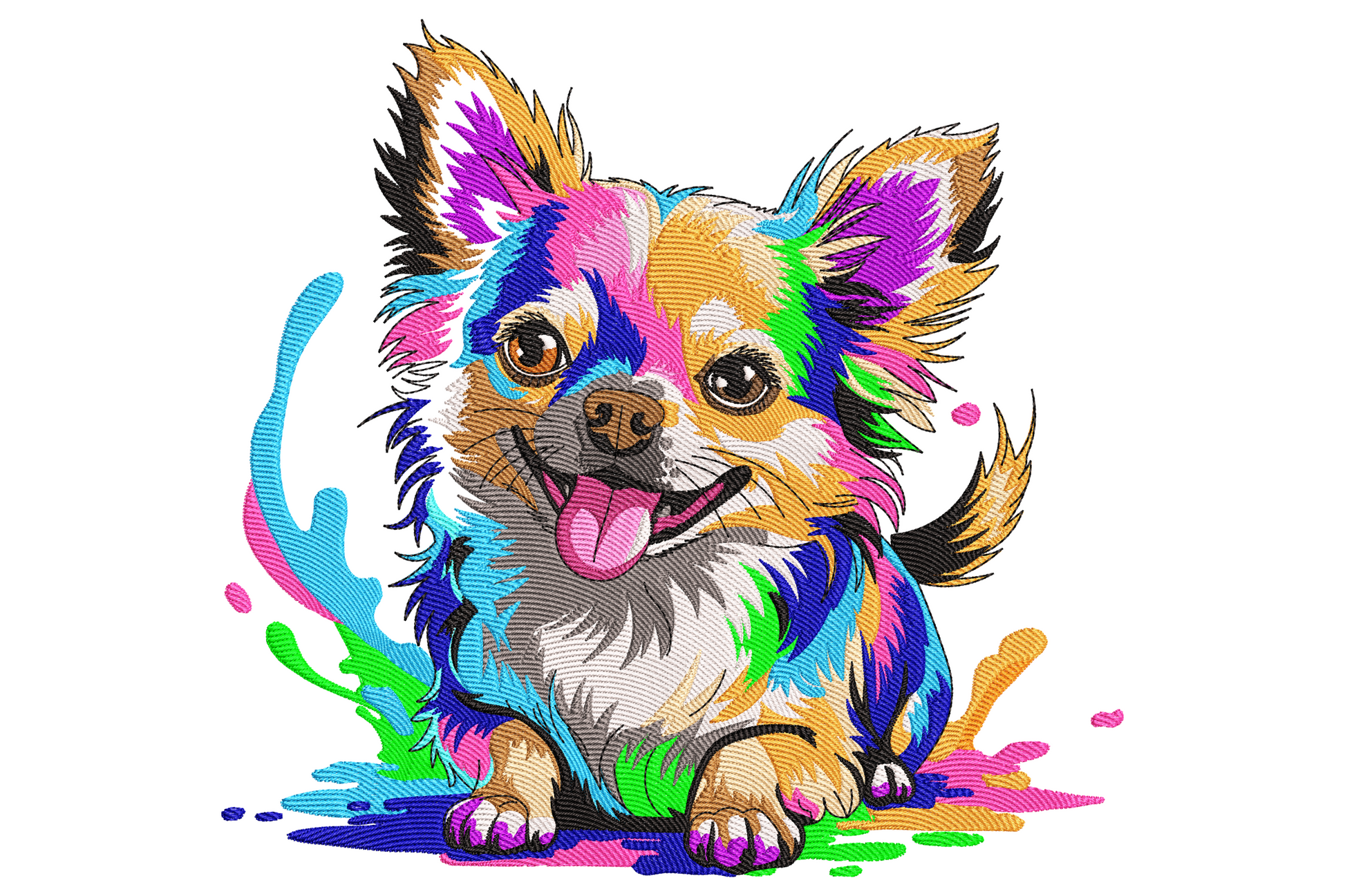 Colorful chihuahua embroidery with neon pink, blue, green and yellow paint splash fur, tongue out, sat smiling.