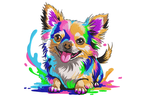 Colorful chihuahua embroidery with neon pink, blue, green and yellow paint splash fur, tongue out, sat smiling.