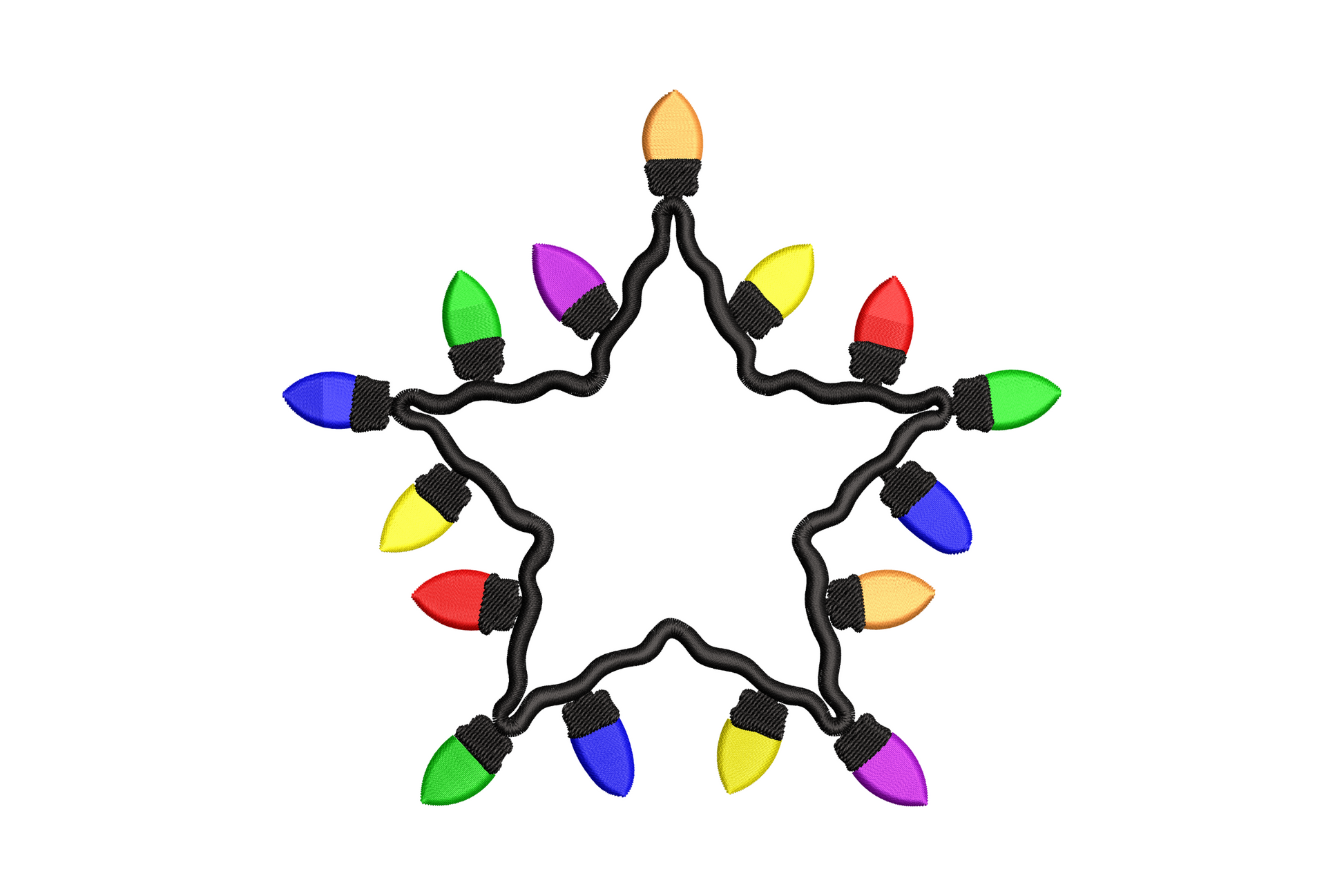 Machine embroidery design of a five-pointed star formed by colorful christmas string lights in seven colors on a black cord