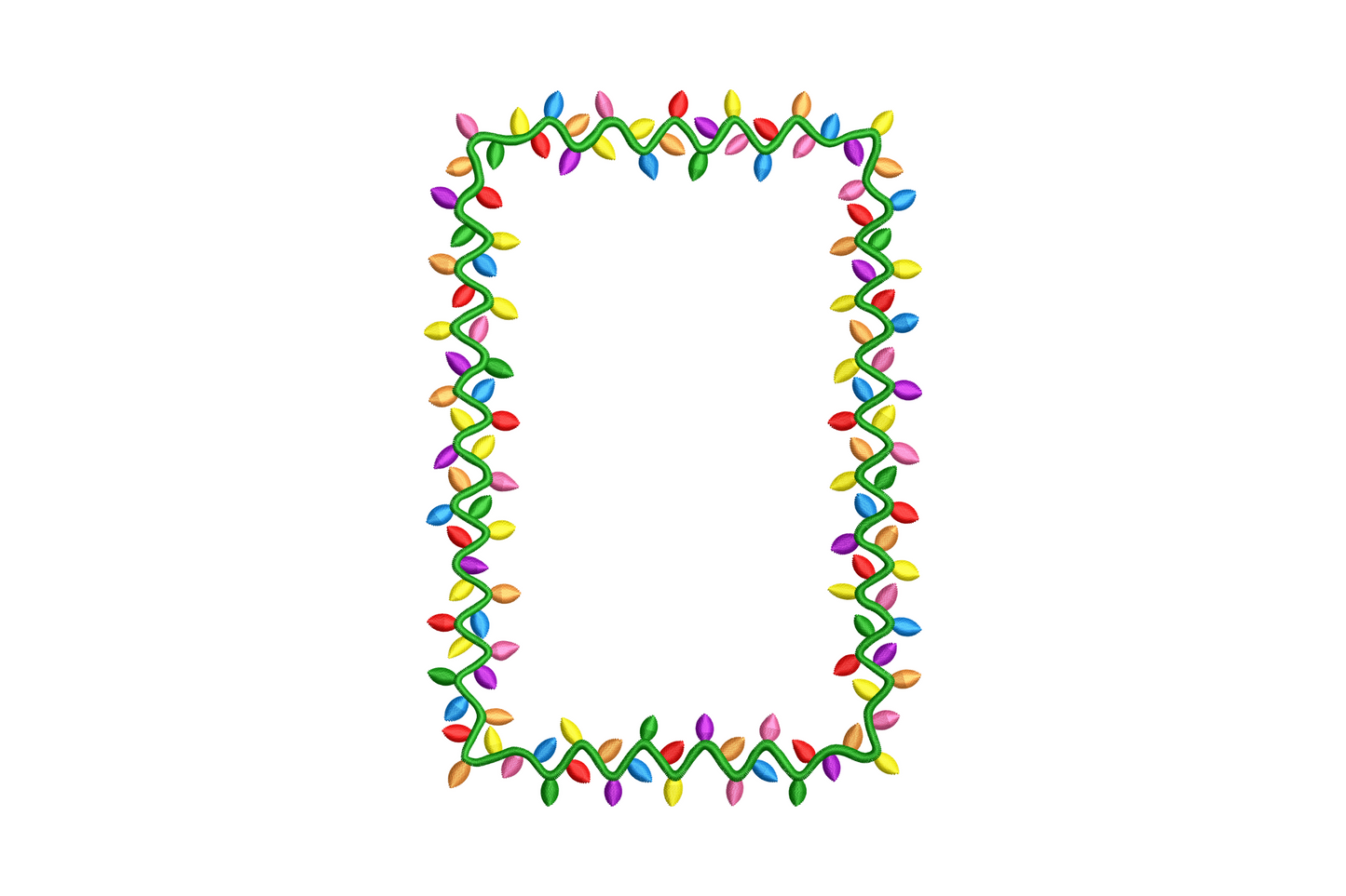 Colorful christmas lights rectangle frame embroidery design with red, yellow, orange, green, blue and purple bulbs on a twisted green cord border