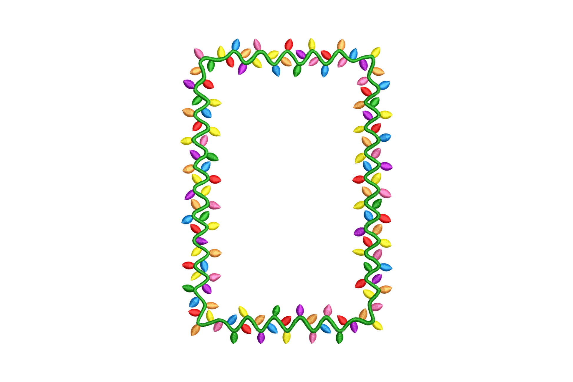 Colorful christmas lights rectangle frame embroidery design with red, yellow, orange, green, blue and purple bulbs on a twisted green cord border