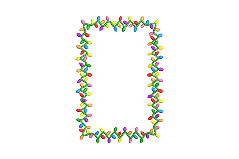 Colorful christmas lights rectangle frame embroidery design with red, yellow, orange, green, blue and purple bulbs on a twisted green cord border