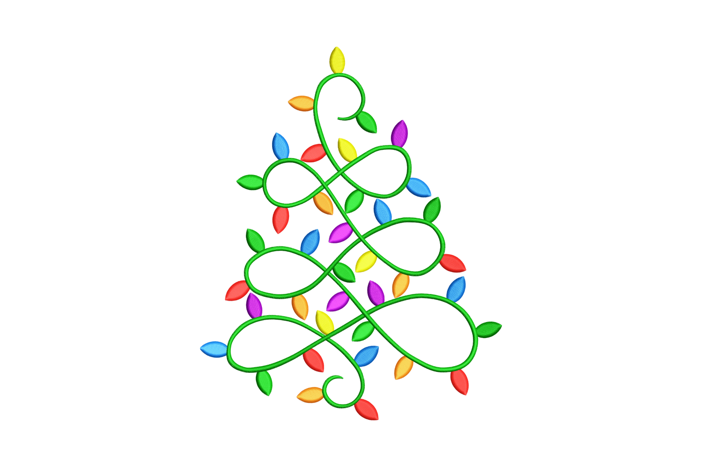 Colorful Christmas lights tree embroidery design built from red, green, blue, yellow, orange and violet bulbs on navy fabric.