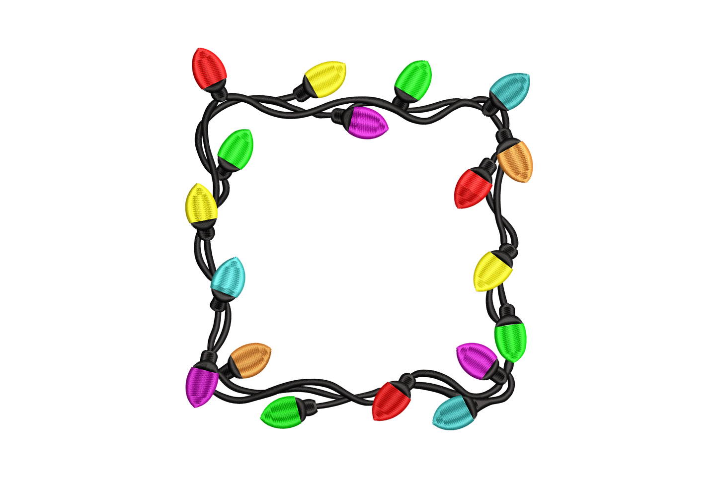 Christmas string lights square frame embroidery, red green yellow magenta aqua C9 bulbs on black cord, open monogram middle.