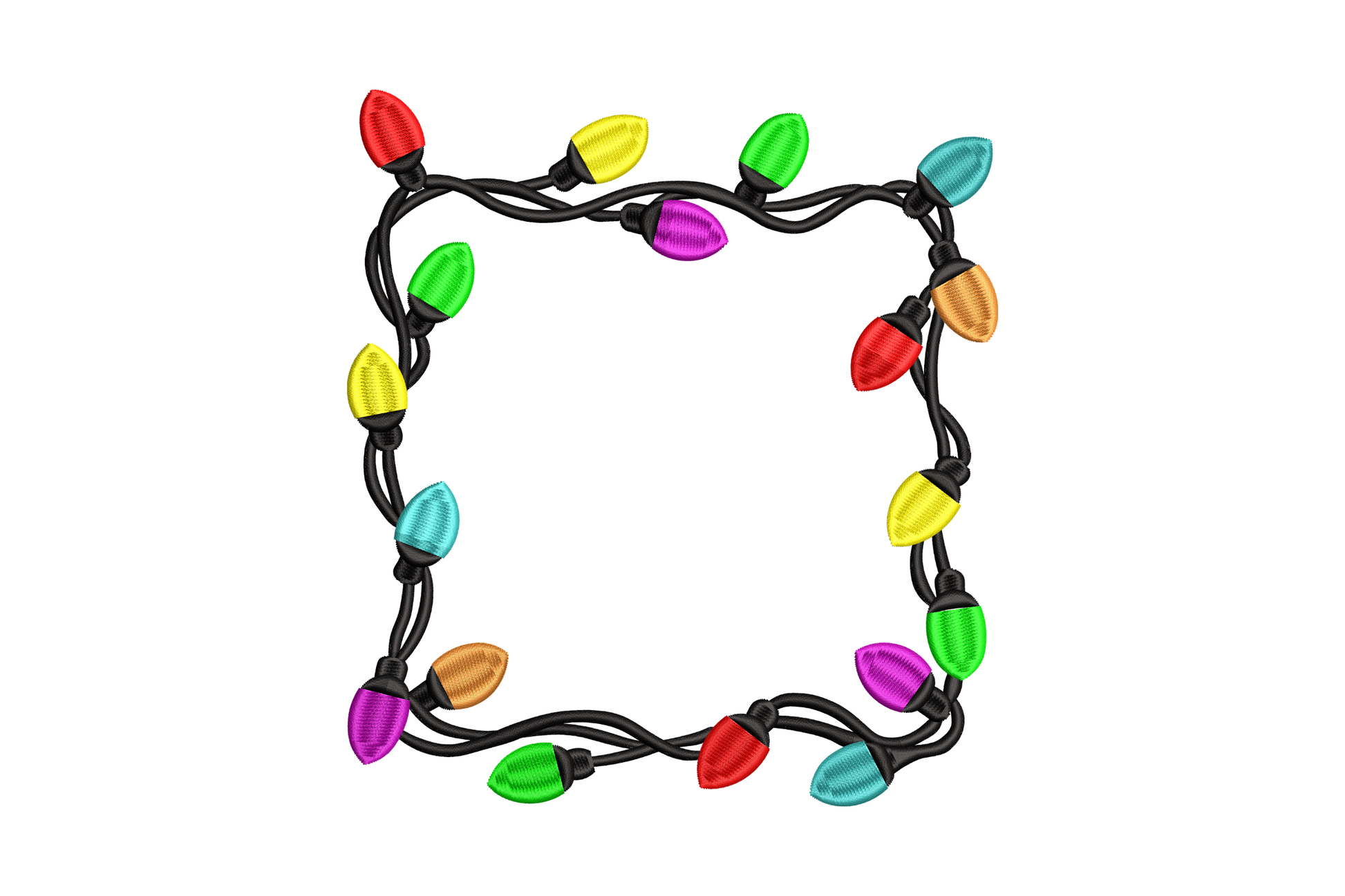 Christmas string lights square frame embroidery, red green yellow magenta aqua C9 bulbs on black cord, open monogram middle.