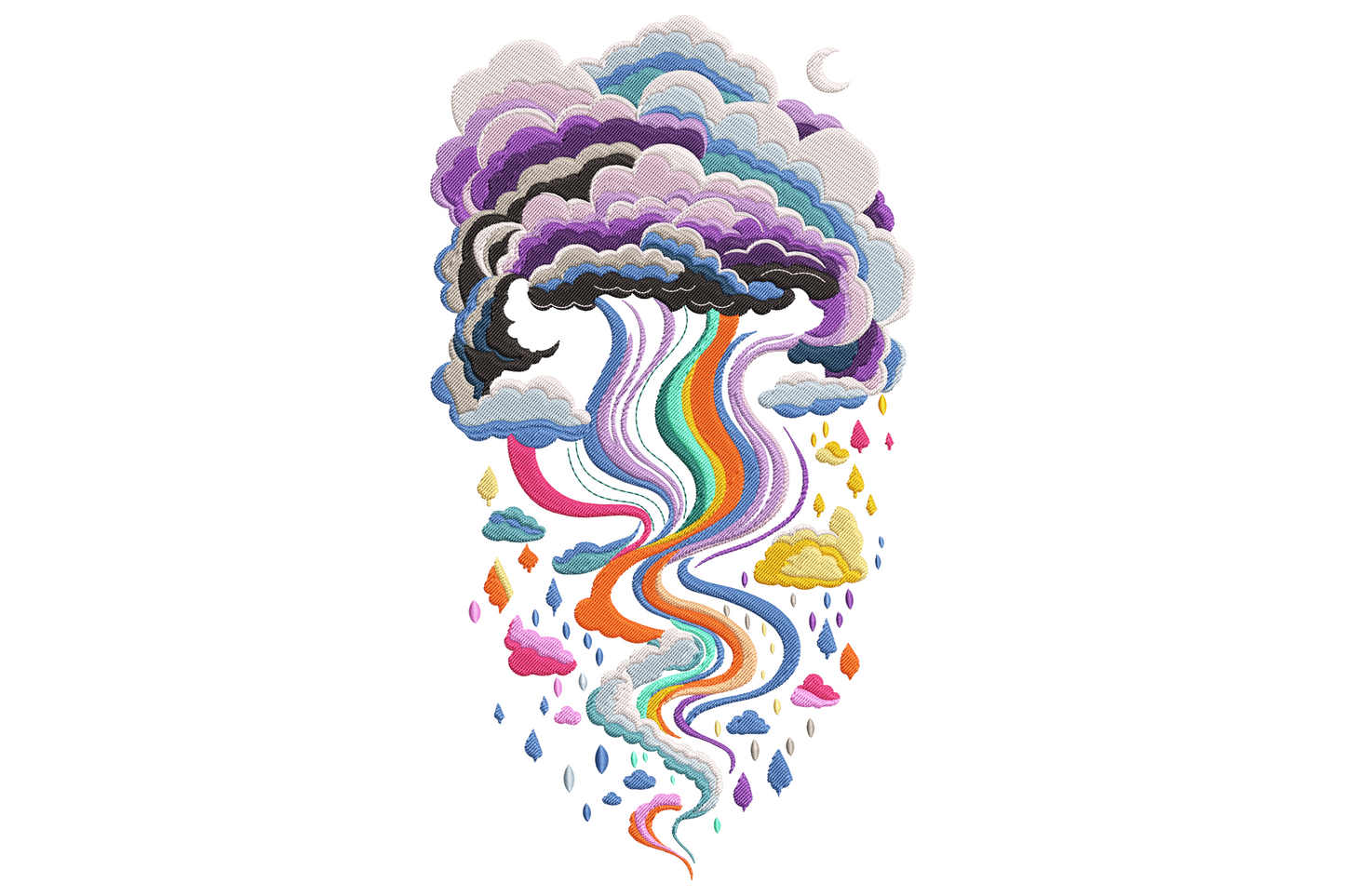 Colorful cloud rainbow stream embroidery design, stormy purple cloud pouring pink, teal and mustard ribbons.